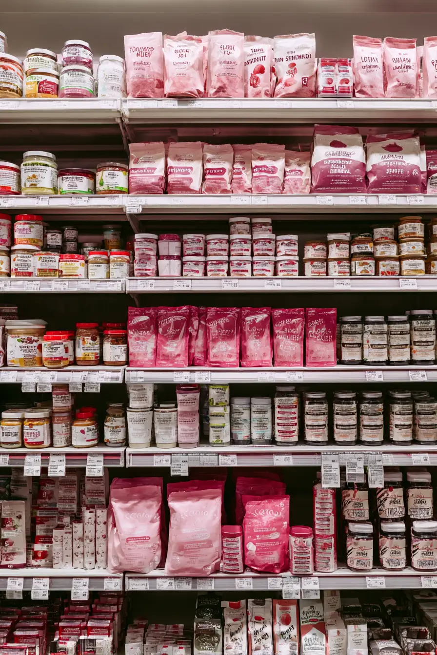 Where to Find Gelatin Trick Ingredients – Grocery Guide Grocery shelf with unflavored gelatin, pink salt, and stevia displayed together