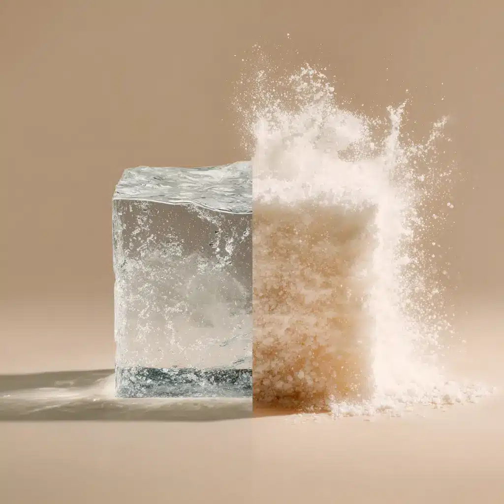 Conceptual image showing the difference between gelatin and collagen: a solid gelatin cube on the left and collagen powder dissolving in water on the right